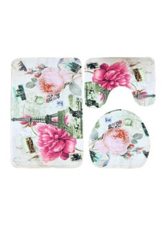 اشتري 3-Piece Carpet Bath Mat Set White/Pink/Green في السعودية