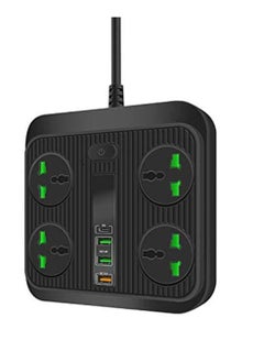 اشتري Extension Lead Universal Outlets with 4 USB Ports 4 Way Power Strips Surge Protector 2Mor Bold Cord Switch Portable Charger Fuse and Shutter Charging Hub Station 40W Super Quik Charge Black في الامارات