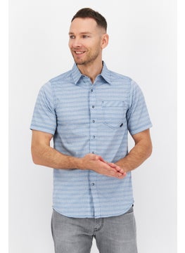 Buy Men Spread Collar Short Sleeve Plaid  Tactical Casual Shirt, Light Blue in Saudi Arabia