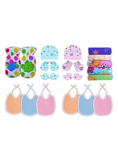 Buy Newborn Baby Essential Products Combo Set 2 Bottle Cover 2 Caps 2 Pair Mitten 2 Pair Booties 5 Wash Cloth And 6 Cotton Bib (0 3 Months Pack Of 19Pc) in UAE