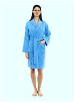 اشتري Light Blue Colour Terry Check Design  Bathrobe XXXL Size with Double Front Pockets في الامارات