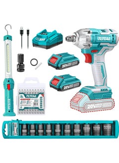 Buy Super Total 20V Lithium-Ion Cordless Impact Wrench & Work Lamp Combo Kit Brushless Motor - Ideal for Automotive & Home Repairs, 300Nm Torque, 1/2" Drive, LED Light, 10 Impact Sockets & 2 Batteries & Accessories in UAE