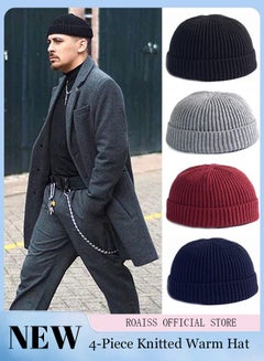 Buy Men's and Women's 4-piece Knitted Hat Autumn and Winter Warm Pullover Hat Solid Color Versatile Wool Hat Outdoor Fashion Hat in Saudi Arabia