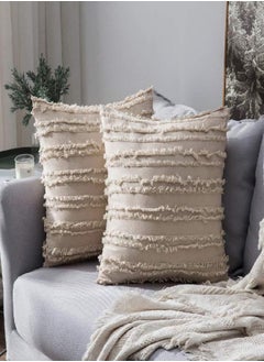 Buy MIULEE Set of 2 Decorative Boho Throw Pillow Covers Linen Striped Jacquard Pattern Cushion Covers for Sofa Couch Living Room Bedroom 22x22 Inch Beige in UAE