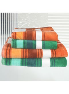 اشتري 4 Piece Bathroom Towel Set APPLE JAQ 500 GSM 100% Cotton Velour 2 Bath Towel 70X140 cm & 2 Hand Towel 50x90 cm Green & Orange Color Modern Stripe Design Luxury Touch Extra Absorbent في الامارات