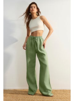 Buy Green 100% Linen High Waist Wide Leg Pants with Elastic Waist. in Egypt