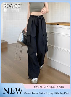 Buy Women's Casual Quick Drying Overalls Multi Pocket High Waist Loose Wide Leg Pants in UAE