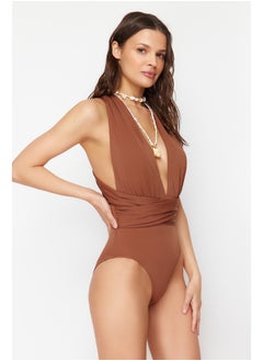 Buy Brown Deep Low-cut Draped Hipster Swimsuit TBESS21MA0041 in Egypt