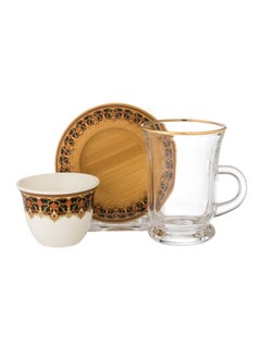 Buy 18-Piece Tea And Coffee Set Consisting Of 6 Glass Tea Cups + 6 Wooden Saucers + 6 Porcelain Coffee Cups in Saudi Arabia