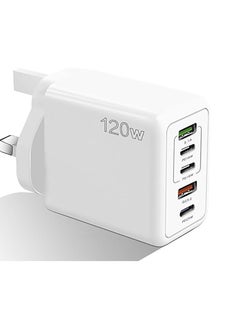 Buy 120W Fast Charger with 5 Ports, 3PD+2USB Multiport Charger Block for Multiple Device, 120w Fast Charging Wall Charger, 5 Port Travel Charger Fast Mobile Charger Adapter (White, UK) in UAE