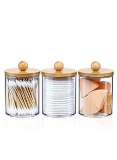 اشتري MahMir Bathroom Jars Qtip Holder Apothecary Jars Acrylic Cotton Ball Holder Clear Bathroom Canisters with Bamboo Lids for Cotton Swab Cotton Brush  Pack of 3 Jars في الامارات