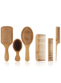 Buy 6-Piece Natural Bamboo Paddle Hair Brush And Comb Set Beige in UAE