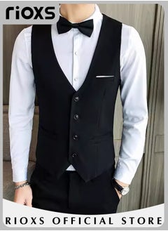 Buy Men’s Suit Vest Causal Formal Waistcoat V-neck Suit Vests Four Buttons Blazer Slim Fit Men Solid Color Single Breasted Business Suits in Saudi Arabia