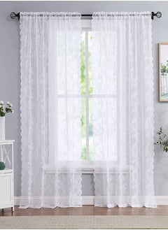 اشتري 2-Piece Rod Pocket Rose Florals Lace Sheer Window Curtains for Bedroom/Living Room/Kitchen White في السعودية