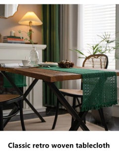 Buy 1-Piece Pure Color Knit Fringed Tablecloth/Table Runner Suitable for Home Table Outdoors Party Cotton and Linen Green 30 x 180 Centimeter in UAE