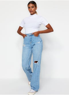 Buy Light Blue Ripped High Waist Wide Leg Jeans TWOAW23JE00140 in Egypt