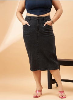 Buy Plus High Rise Denim Skirt with Belt Loops in Saudi Arabia