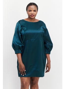 Buy Women Round Neck 3/4 Sleeves Plain Mini Dress, Green in Saudi Arabia