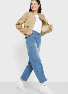 Buy Mid Wash High Waist Straight Fit Jeans in UAE