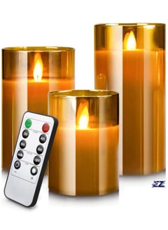 Buy LED Flameless Candles – Battery Operated with Flickering Wick & Real Wax, Gold Glass Pillar, Timer & Remote Control, 4" 5" 6" Set of 3 in UAE