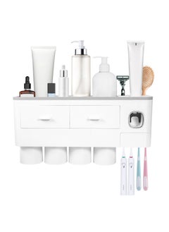 Buy 4 Cups Wall Mounted Toothbrush Holder, Multipurpose Space-Saving Holder with Drawer for Cosmetics Organizer for Washroom and Bathroom Grey in Saudi Arabia