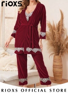 Buy Women's 3 Pcs Pajama Sets Cami Top Nightgown Lace Sleepwear Robe Pants Sets Sleepwear Loungewear Sets in UAE