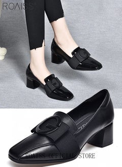 Buy Fashion Office Ladies Shoes Women Pu Leather Pumps Shoes British Style Square Toe Leather Shoes Mid Heel Chunky Heel Women's Shoes in UAE