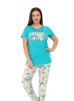 Buy Women's short-sleeved pyjamas and summer long pants made of cotton large sizes in Saudi Arabia