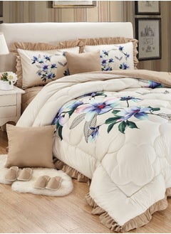 Buy Bed In A Bag Medium Filling King Size Comforter Set, 10 Pcs Floral Bedding Set Size 220 X 240 Cm with Comforter, Quilted Bed Skirt, Pillowcases, Cushion & Bedroom Slipper, Multicolor in Saudi Arabia