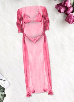 Buy Three-piece Digital Printing Bikini Ladies Beach Sunscreen Blouse Swimsuit Long Lace Dress Sheer Dress Sheer Kimono Dress Pink in UAE