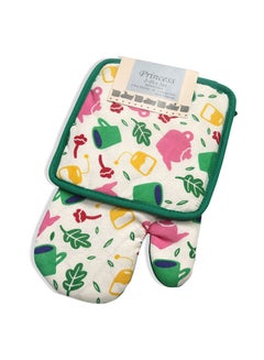 Buy 2-Piece Reversible Printed Design Gloves/Oven Mitt And Pot Holder Set Green in UAE