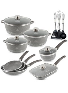 Buy Cookware Set Granite Non-Stick 100% PFOA Free Induction Base 20 pieces Pots and Pans Set with Lid Include Casseroles, Sauce Pan, Grill Pan, Cooking Utensils in UAE