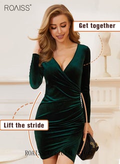 Buy Women's V Neck Velvet Dress Elegant Elastic Skirt Dress Fashion Long Sleeve Fishtail Dress Dark Green in UAE