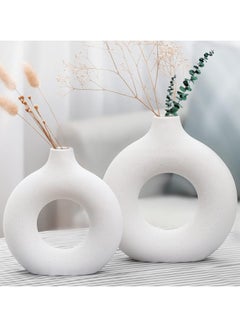 اشتري Ceramic Hollow Donut Vase Set of 2 Off White Vases for Decor Nordic Minimalism Style Decor for Wedding Dinner Table Party Living Room Office Bedroom 19*19 cm and 23*23.5CM في السعودية
