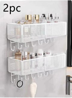 Buy 2-Piece Bathroom Rack Shower Shampoo Organizer Wall Mounted Storage Rack And Hooks White 40x14x13 Centimeter in UAE