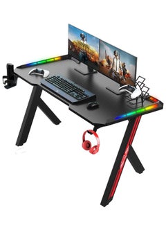 Buy Home Office Desk Ergonomic Gaming Desk with RGB LED Lights Computer Gamer Table with Carbon Fiber Desktop and Cup Holder & Hedphone Hook (120cm x 60cm x 74cm) in Saudi Arabia