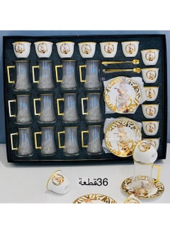 Buy A set of 36 pieces of tea cups and coffee cups and saucers with an elegant ornate design, white / transparent / gold in Saudi Arabia