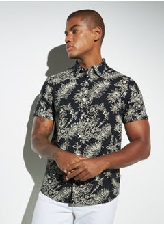 Buy Lee Cooper All-Over Graphic Print Oxford Shirt with Short Sleeves in Saudi Arabia