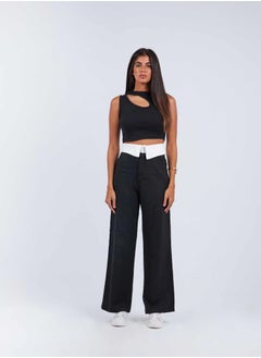 Buy High-Waist Black Folded Waistband Wide Leg Trousers. in Saudi Arabia