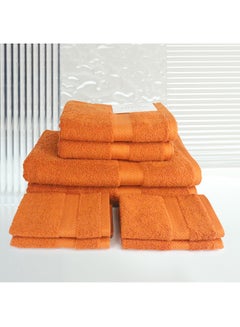 اشتري 8 Pcs MATRIX Dyed Towel set 500 GSM 100% Cotton Terry Zic Zac Border 2 Bath Towel (70x140) cm, 2 Hand Towel (50x90) cm, & 4 Face Towel (33x33) cm Soft Feel Highly Absorbent Dark Orange Color في الامارات
