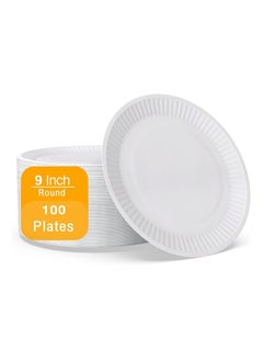 Buy 100 Pieces Disposable Paper Plates Heavy Duty 9 Inch Diameter for Dinner, BBQ, Restaurant White Party Plates in UAE