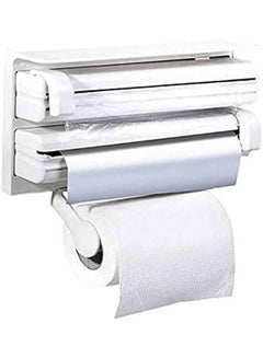 اشتري 4-in-1 Wall-Mount Paper Towel Holder Bathroom Tissue Roll Hanger Toilet Paper Roll Holder Towel Paper Dispenser Organizer Shelf With Foil Film Cling Cut White 38.5x19x7.5cm في الامارات