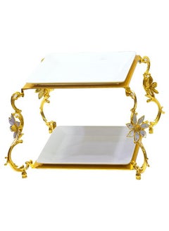 Buy 3-piece Double Platter Set With Stand gold/white 25x25 cm in UAE