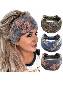 Buy Head Scarf Women, Bandeau Headbands Wide Knot Hair Scarf Floral Printed Hair Band Elastic Turban Thick Head Wrap Stretch Fabric Cotton Head Bands Thick Fashion Hair Accessories for Women Pack of 3 in UAE