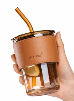 Buy Glass Tumbler with Straw and Lid, 15oz Glass Cup with Leather Protective Sleeve, Reusable Cup for Straw and Direct Drinking Mouth Dual Use in UAE