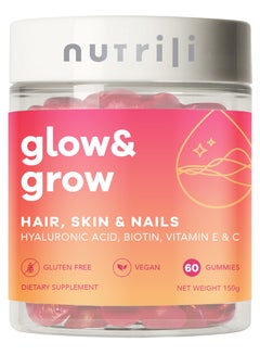 Buy Glow & Grow Vitamin Gummies (150g) | Hair, Skin & Nails | With Hyaluronic acid, Biotin, Vitamin E & C - 60 Gummies in UAE