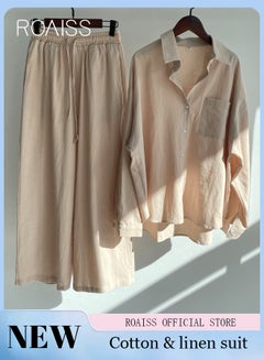 اشتري Ladies 2 Piece Set New Trend Fashion Cotton Linen Shirt Suit Loose Pants Summer Spring Clothes for Women Breathable and Cool Long-Sleeve Lapel Shirt في السعودية
