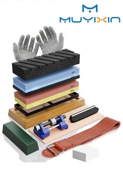 اشتري Premium Whetstone Knife Sharpening Stone Set Professional Whetstone Sharpener, Premium 4 Side Grit 400/1000 3000/8000 Water Stone, Flattening Stone, Chisel Honing Guide, Cut Resistant Gloves في الامارات