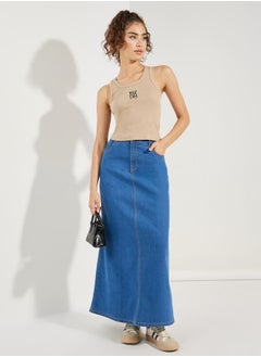 اشتري Solid Denim Maxi Skirt with Buttons في السعودية