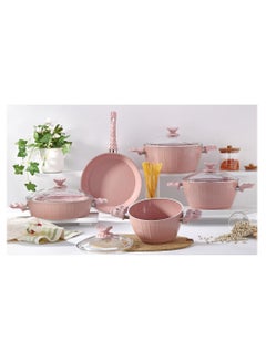 اشتري 9-Piece Farah Cookware Set - Tempered Glass Lids - 3 Deep Pots - 1 Low Pot - 1 Frypan - Non-Stick Ceramic Surface - PFOA Free - Pink في الامارات